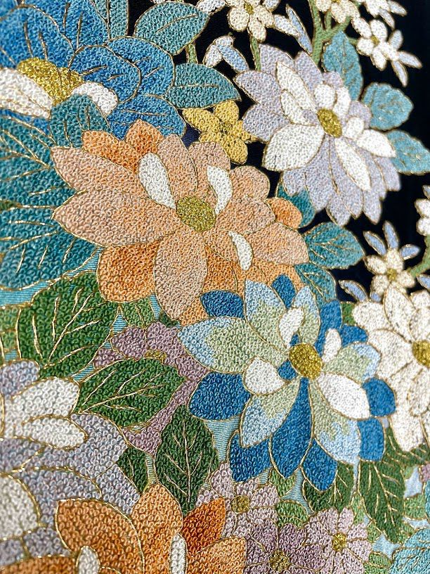 蘇州刺繍 相良刺繍 作家物 落款入 悪し 黒留袖 金糸 正絹 X250
